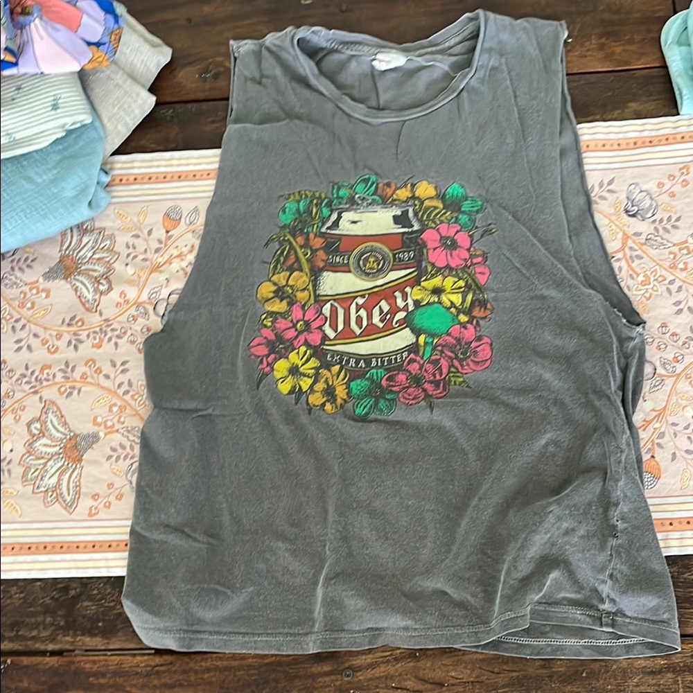 Obey Gray Tank Top with Colorful Floral Graphic